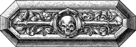 Gothic coffin with intricate carvings and skull design for halloween decor and art projects. vector