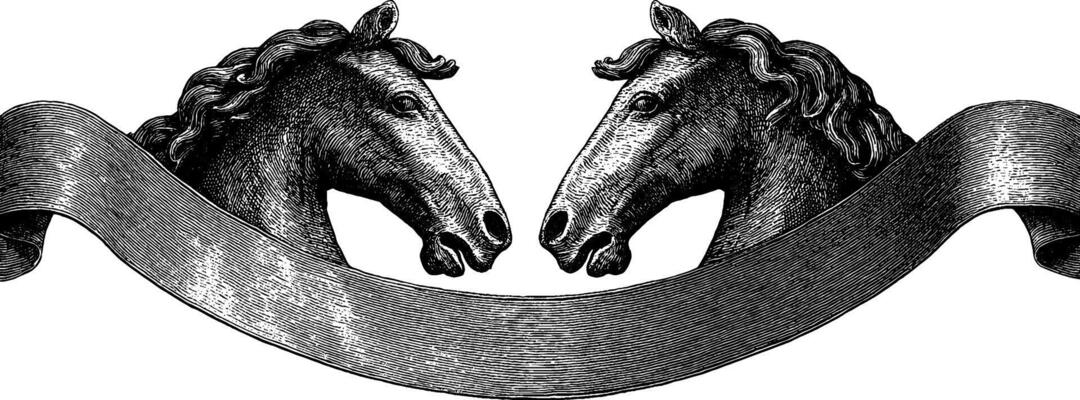 Vintage illustration of carousel horses with elegant engraving design for artwork.
