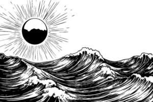 A stylized black and white illustration of ocean waves with a sun in the background. The sun is depicted as a solid circle with rays emanating from it, while the waves are detailed with flowing lines and curves. vector