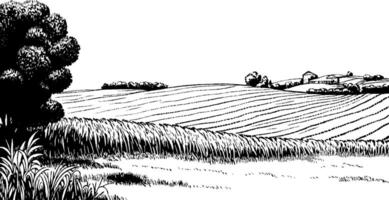 A black and white illustration of a serene countryside landscape featuring rolling hills, a distant farmhouse, and lush trees. The fields are depicted with wavy lines, creating a sense of depth and tranquility. vector