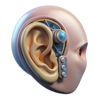 stunning minimalist Hyper-specific, photorealistic, isolated cutout, concept art style of a single, advanced, cybernetic ear implant with intricate circuitry with Transparent Background authentic png
