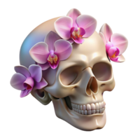 intense wonderful Photorealistic, professional render of a human skull adorned with blooming orchids with Transparent Background 8K png