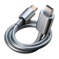 nostalgic beautiful Professional render of a single silver metallic USB-C cable, coiled neatly, isolated cutout with Transparent Background 8K png
