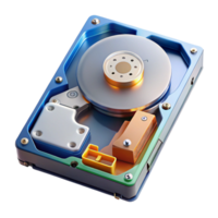 mysterious extraordinary Photorealistic render of a single disassembled computer hard drive showing internal components, isolated cutout with Transparent Background top-tier png