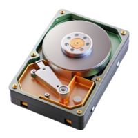 exquisite exceptional Photorealistic render of a single disassembled computer hard drive showing internal components, isolated cutout with Transparent Background png