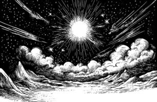 A dramatic black and white illustration of a celestial scene featuring a bright sun surrounded by stars and comets, with clouds and mountains in the foreground. vector