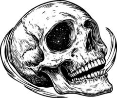 A detailed illustration of a human skull with a cosmic design inside its eye sockets, showcasing stars and galaxies. The skull appears to be in motion, surrounded by swirling lines. vector