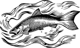 A stylized illustration of a fish swimming through wavy water, showcasing detailed scales and fins, with flowing lines representing movement. vector
