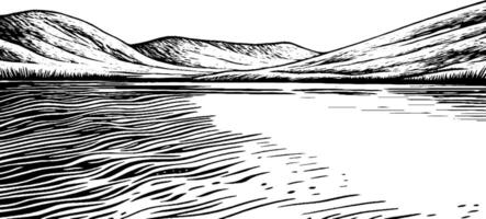 A black and white illustration of a serene landscape featuring rolling hills and a calm river. The hills are gently sloping, and the water reflects the surrounding scenery, creating a tranquil atmosphere. vector