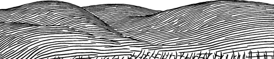 A stylized black and white illustration of rolling hills with wavy lines, depicting a serene landscape. The hills are layered with horizontal lines, creating a sense of depth and texture. vector