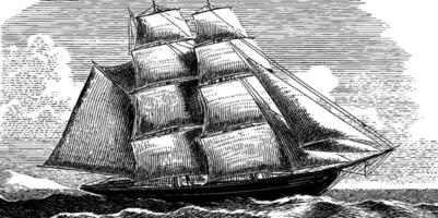 Engraved vintage sailing ship on ocean waves for nautical design and historical themes. vector