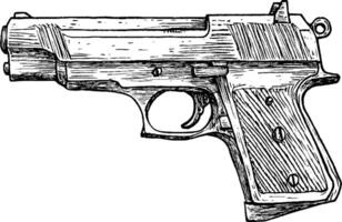 An illustration of a handgun, showcasing detailed engravings and a classic design. The image captures the contours and features of the firearm, emphasizing its mechanical elements. vector