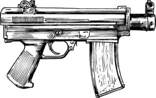 A detailed illustration of a submachine gun, showcasing its design and features. The gun has a sleek body, a magazine, and a grip, emphasizing its mechanical components. vector