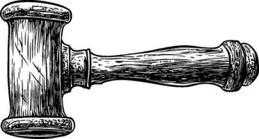 A vintage wooden gavel with a detailed handle, illustrated in a classic style. The gavel is shown from a top-down perspective, emphasizing its craftsmanship and texture. vector