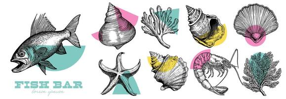 Illustration of various sea creatures and shells, including a fish, starfish, lobster, and different types of shells, with colorful geometric shapes in the background. vector