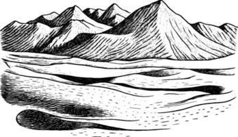 A detailed black and white illustration of a mountainous landscape with sharp peaks and rolling hills. The scene captures the texture of the mountains and the smoothness of the terrain below. vector