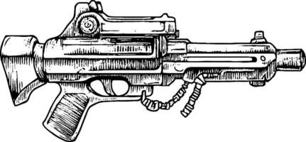A detailed illustration of a futuristic firearm, showcasing intricate designs and mechanical components. The weapon features a sleek body, a prominent barrel, and a textured grip, emphasizing its advanced technology. vector