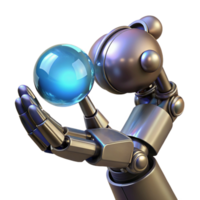 vibrant distinguished Isolated cutout, photorealistic, ultra-detailed render of a single, metallic robotic arm holding a glowing energy sphere, hyper-specific with Transparent Background png