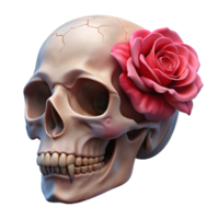 memorable surreal Hyper-specific photorealistic professional render of a weathered human skull with a single rose in its teeth, isolated cutout with Transparent Background 8K png