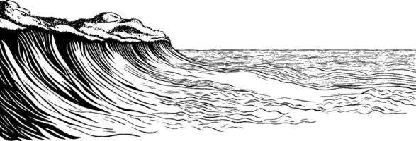 A stylized illustration of ocean waves crashing against the shore, featuring detailed line work and a sense of movement in the water. vector