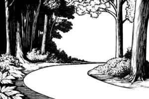 A winding path through a dense forest, surrounded by tall trees and lush foliage. The scene is illustrated in black and white, emphasizing the natural beauty of the landscape. vector
