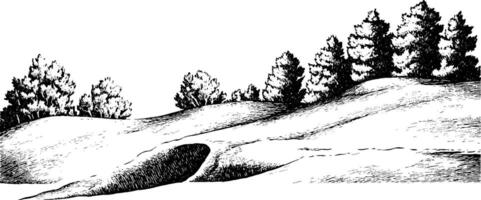 A black and white illustration of rolling hills with a small cave or hollow, surrounded by trees. The landscape features a smooth terrain and a variety of tree shapes in the background. vector
