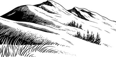 A stylized black and white illustration of rolling hills and mountains, featuring textured lines and sparse vegetation in the foreground. vector