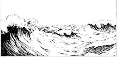 A detailed black and white illustration of ocean waves, showcasing the dynamic movement and texture of the water. The waves are depicted with intricate lines, creating a sense of depth and motion. vector