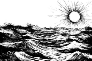 A black and white illustration of turbulent ocean waves under a bright sun. The waves are detailed with flowing lines, creating a sense of movement, while the sun radiates light above. vector