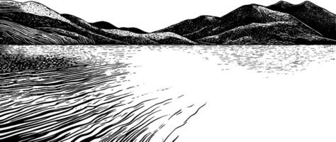 A stylized black and white illustration of a serene landscape featuring rolling hills and a calm body of water. The lines create a sense of movement in the water and texture in the mountains. vector