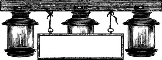 Vintage engraved hanging lanterns with blank sign for customization. vector
