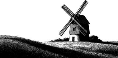 Engraved windmill on grass field in bold black lines for vintage design and print. vector