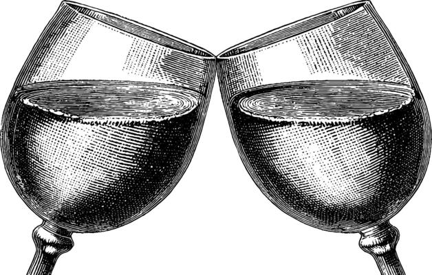 Vintage illustration of two clinking wine glasses for celebration and toasting.