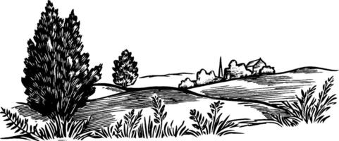 A black and white illustration of a serene landscape featuring rolling hills, trees, and a distant farmhouse. The scene captures a peaceful rural setting with detailed line work. vector