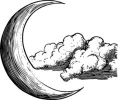 A vintage illustration of a crescent moon partially obscured by fluffy clouds. The moon has a detailed texture, and the clouds are soft and rounded, creating a whimsical night sky scene. vector
