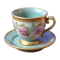 unforgettable futuristic Isolated cutout, ultra-detailed, photorealistic Art Nouveau teacup, porcelain, gilded rim, floral motif with Transparent Background fine detail png