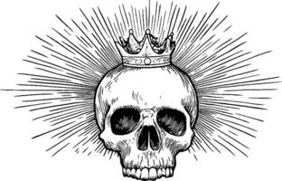 A detailed illustration of a skull adorned with a crown, radiating lines in the background, symbolizing power and mortality. vector