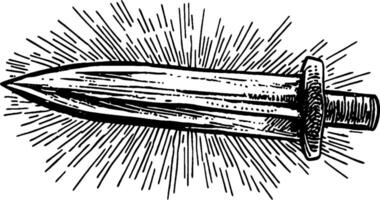 An illustration of a sword with a shining blade, featuring a detailed hilt and radiating lines to suggest brightness or power. vector