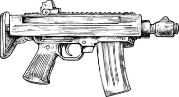 A detailed illustration of a modern submachine gun, showcasing its sleek design and features. The gun is depicted from the side, highlighting the magazine and rail system. vector