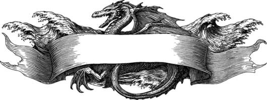 Intricate engraving of a sea dragon with ocean waves and blank banner for design and decoration. vector