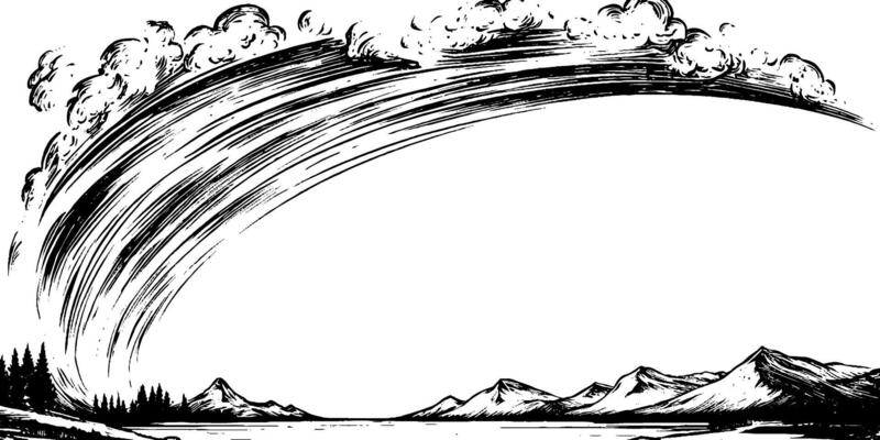 A stylized black and white illustration of a large wave curling over a landscape with mountains and trees. The wave is depicted with swirling lines and clouds, creating a dramatic effect.