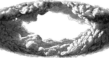 Vintage engraved cloudy sky frame in black and white for artistic design or print. vector
