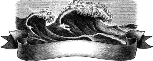 Dramatic sea waves engraving with banner for nautical themes and design projects. vector