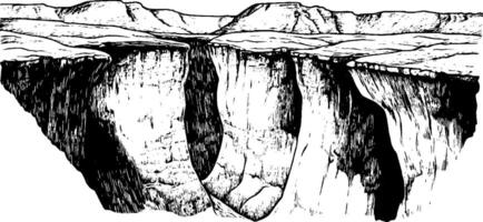 A detailed black and white illustration of a canyon landscape, showcasing steep cliffs and rugged terrain. The scene captures the natural beauty and geological formations of a canyon, with intricate line work. vector