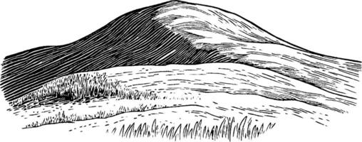 A detailed black and white illustration of rolling hills, showcasing varying textures and shading. The landscape features smooth curves and grassy areas, creating a serene natural scene. vector