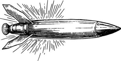 An illustration of a rocket or missile, featuring a pointed nose, fins, and trailing flames, depicted in a vintage style with radiating lines to suggest motion or energy. vector