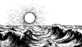 A detailed black and white illustration of ocean waves under a sun with rays emanating from it. The waves are depicted with intricate line work, showcasing their movement and texture. vector