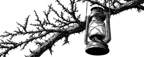 Vintage lantern hanging from tree branch engraved illustration for rustic design. vector