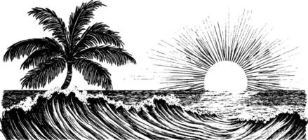 A stylized black and white illustration featuring a palm tree on the left, waves crashing in the center, and a rising sun with rays extending outward on the right. vector