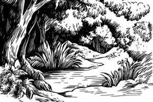A detailed black and white illustration of a serene forest scene, featuring trees, bushes, and a winding path leading through the foliage. vector